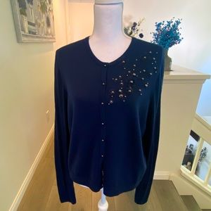 Elie Tahari Navy Blue Embellished Cardigan Crewneck Sweater - XL